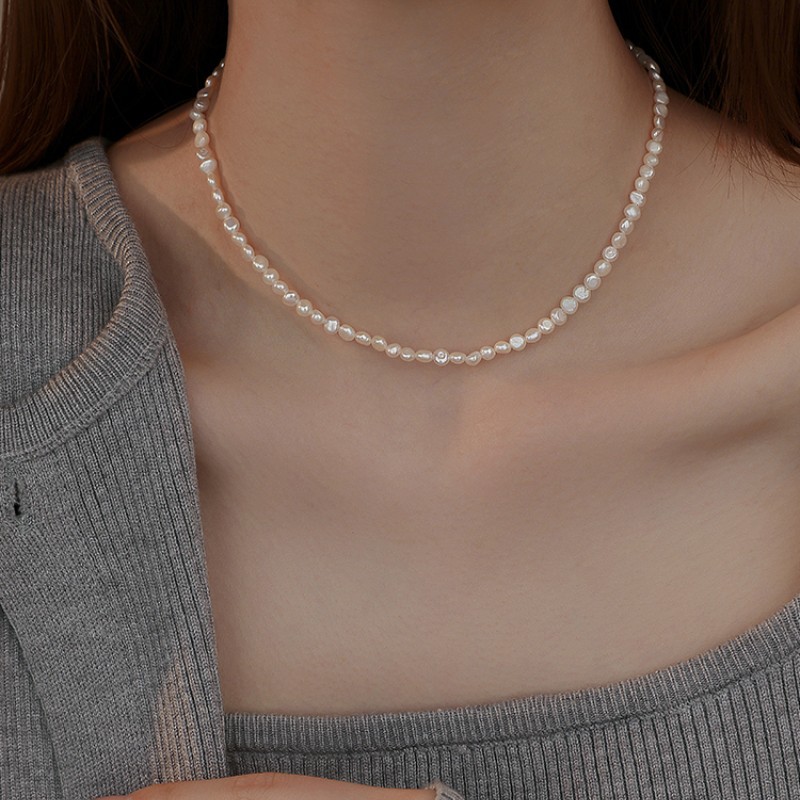 Baroque small rice freshwater pearl necklace for women, irregular pearl collarbone chain
