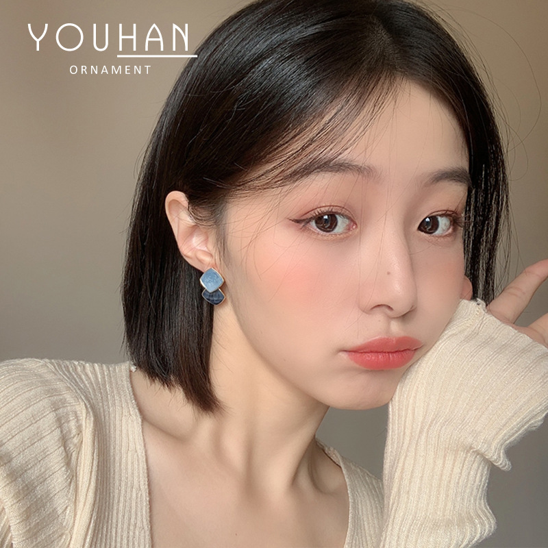 S925 silver needle geometric square drop oil women earrings ear accessories live ear studs