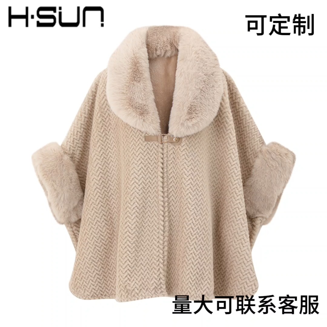 H·sun street thickened knitted plaid shawl winter warm fur collar customizable
