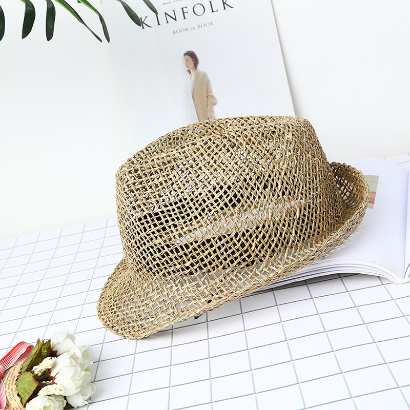 Straw Hat Summer Hollow Sun Hat Handmade Straw Outdoor Shaped Fedora Octagonal Hat