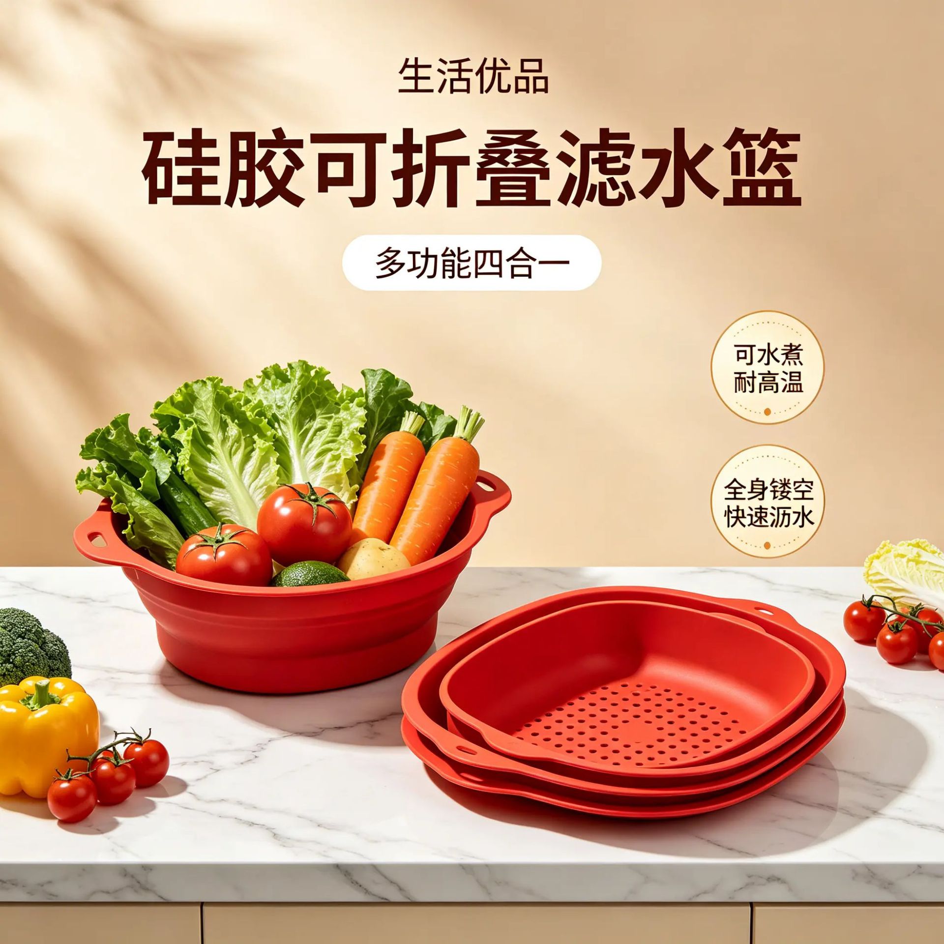 Food-grade silicone folding colander, high-temperature resistant steam rack, multi-purpose vegetable washing basket