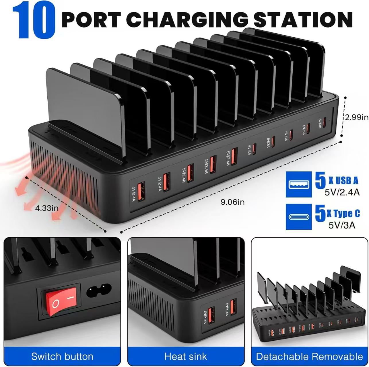 60W Multi-Port USB Desktop Organizer Fast Charger 10-Port with Stand Smart C Port PD QC Fast Charge