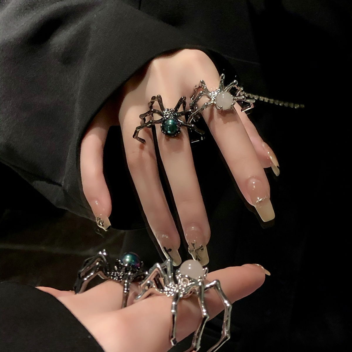 Black Spider Punk Ring with Moonstone Metal Open Adjustable