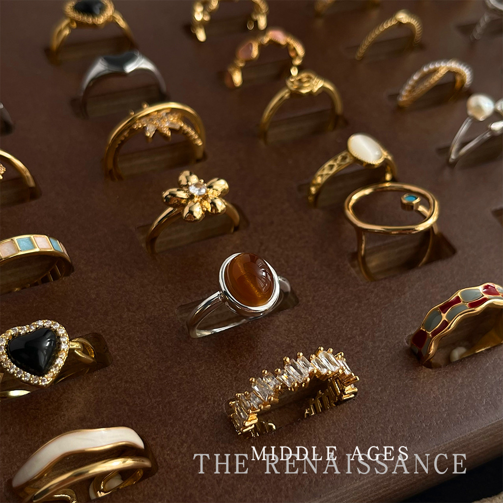 Vintage Retro Enamel Drop Zircon Ring Collection Tiger Eye Index Ring Adjustable