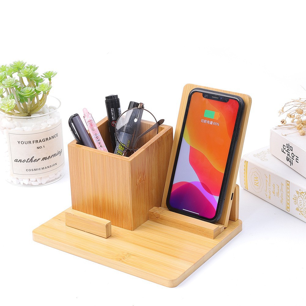 Bamboo Wood Desktop Storage Stand Simple Multifunctional Pen Holder Pure Bamboo Wireless Charging Desktop Office Decoration Gift