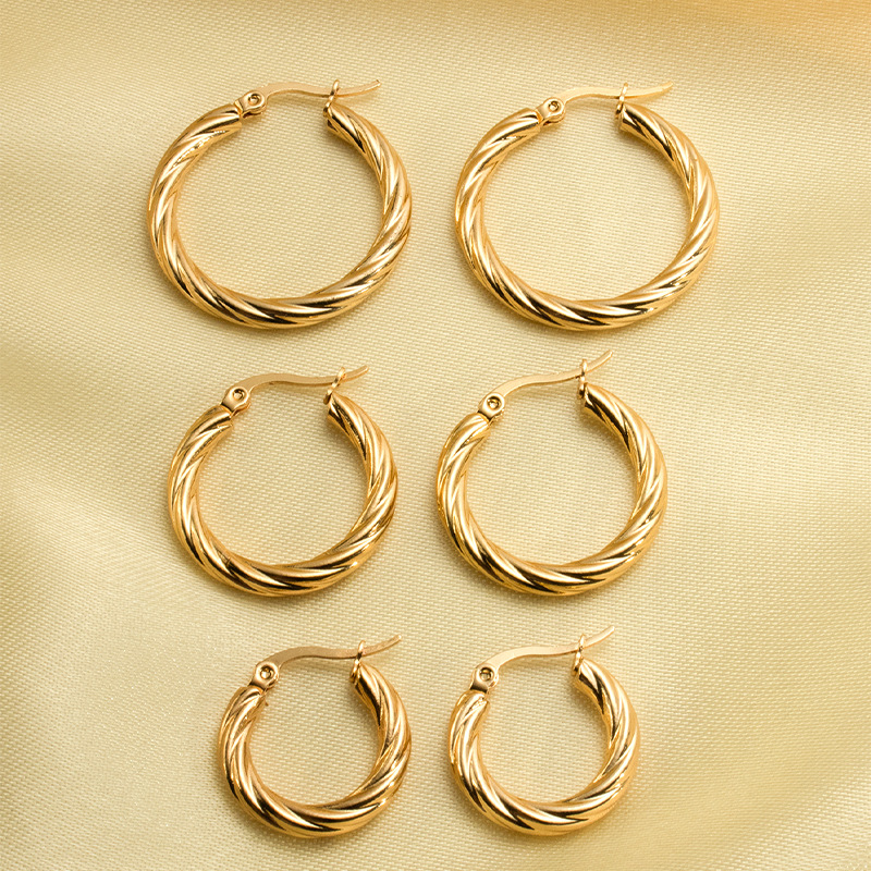 Wind gold women's round diagonal pattern stainless steel earrings simple earring set