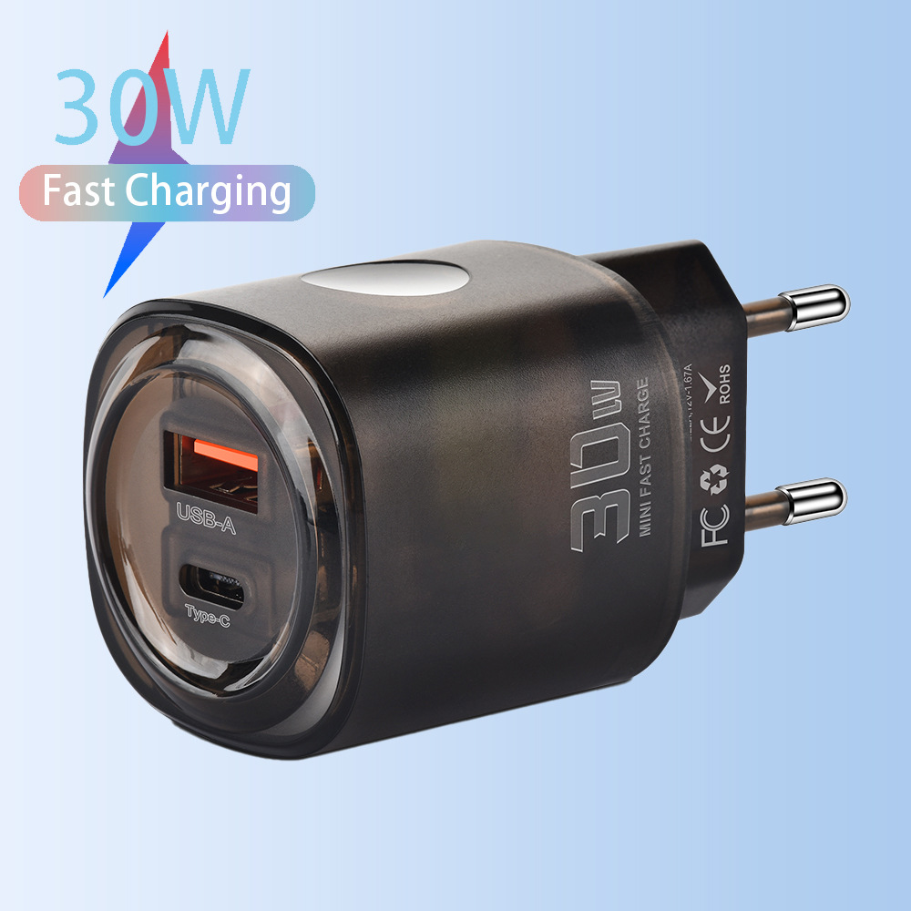 30W USB+Type-C Dual Port Fast Charging Phone Charger PD US/EU Travel Charger