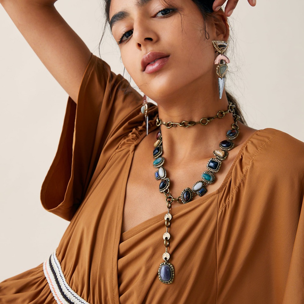 Cross-border new style ZA metal gemstone necklace long sweater chain