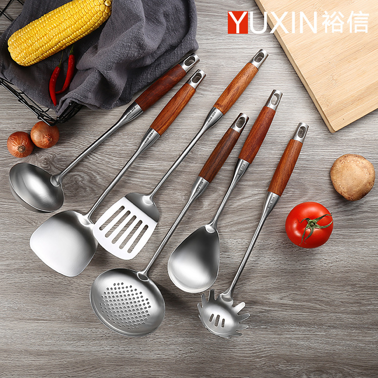 304 stainless steel spatula household rosewood kitchenware soup spoon slotted spoon anti-slip high temperature resistant kitchen wok spatula