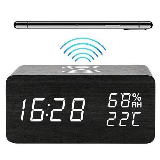 Wireless charging alarm clock multifunctional LED electronic clock gift wooden clock night light silent student alarm clock