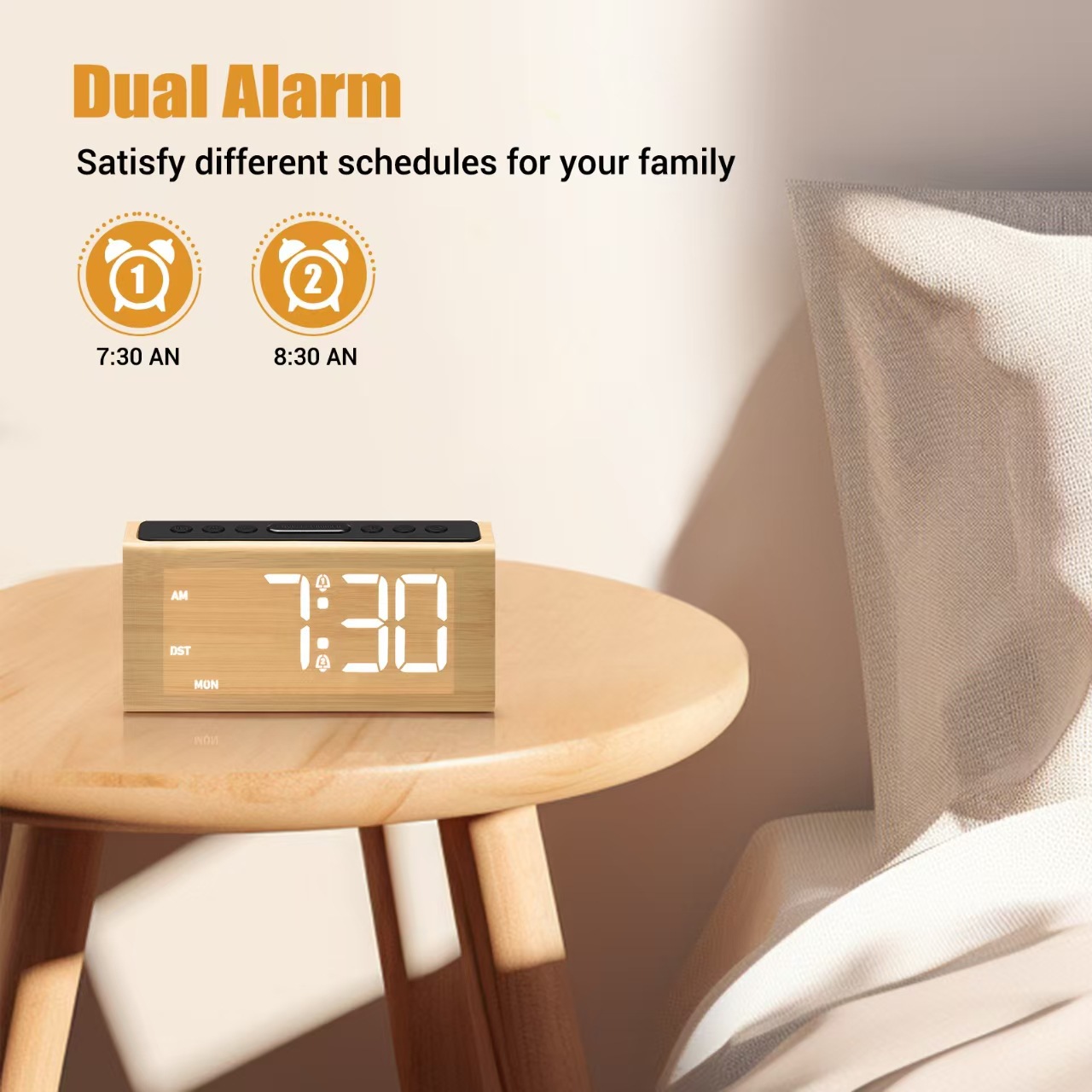 Large screen digital display solid wood 2025 new smart clock alarm clock desktop clock ornament for high school students