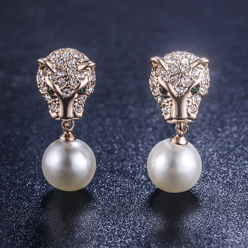 Exquisite Full Diamond Leopard Pearl Earrings Ear Accessories 321863