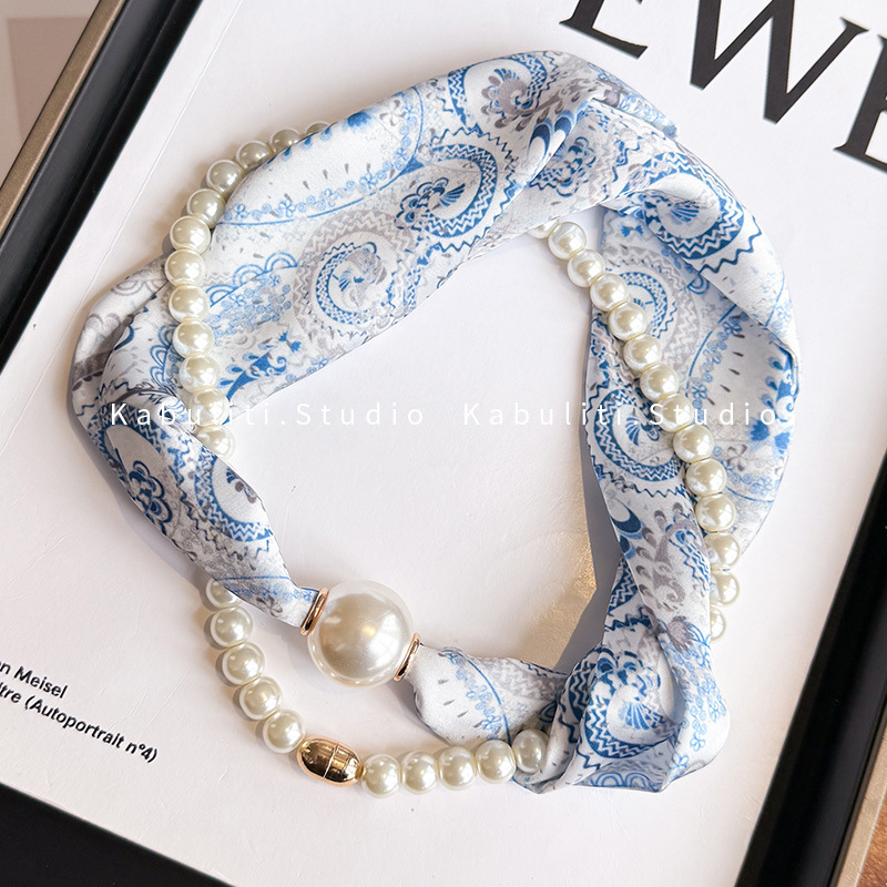 New neck protection pearl small silk scarf for women, two-piece set summer long strip magnetic buckle decorative pendant neck scarf simple wrap