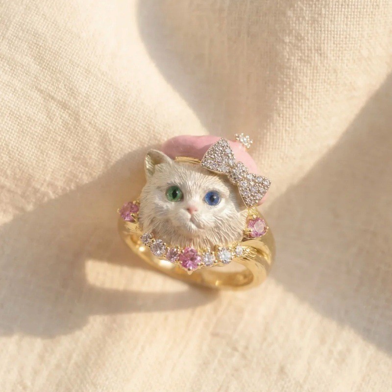 Cute Little Dog Cat Ring Cartoon Sweet Pet Ring Exquisite Sparkling Diamond Bow Index Finger Ring