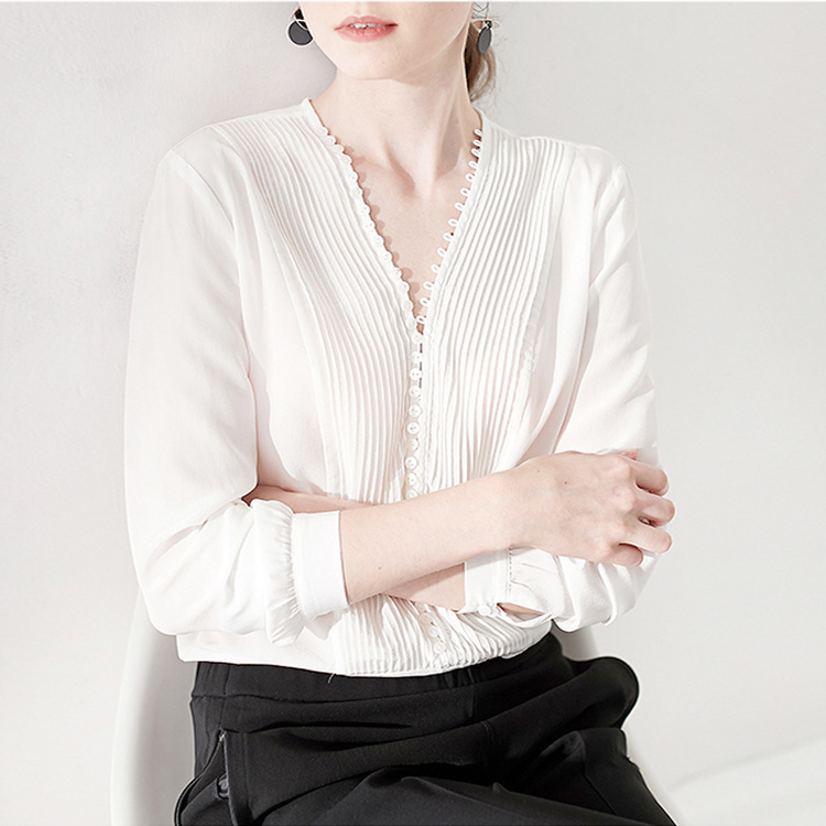 2026 Early Autumn New S328 Organ Pleats Button 18 Momme Silk Crepe de Chine White Shirt Women