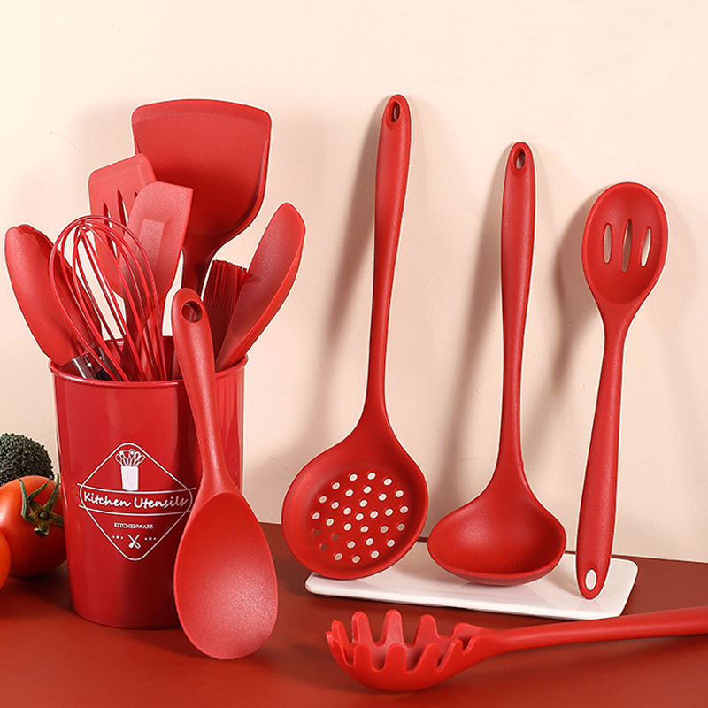 Silicone Kitchen Utensils 13-Piece Set Non-stick Spatula Slotted Spoon Set Red Black Kitchen Storage