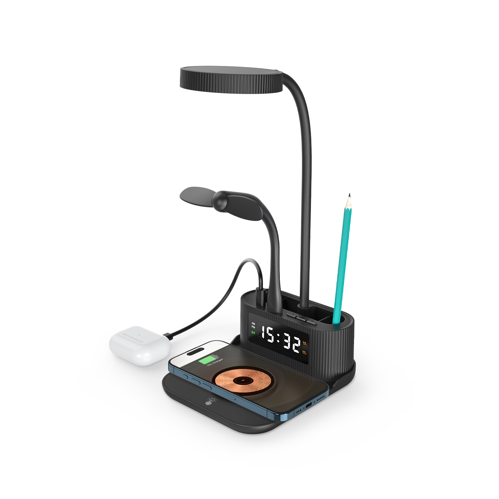 2024 New with Clock Alarm Pen Holder Desk Lamp Wireless Fast Charger 6-in-1 Multifunctional 15W Wireless Charger