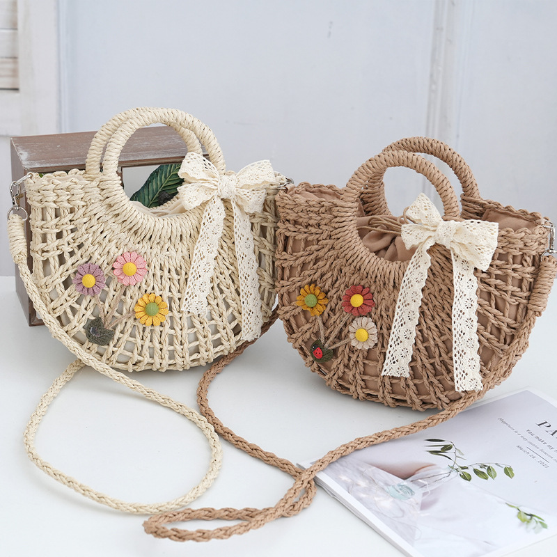Custom Crossbody Straw Bag Ribbon Hollow Out Lining Simple Woven Bag Sunflower Handbag Daily Bag