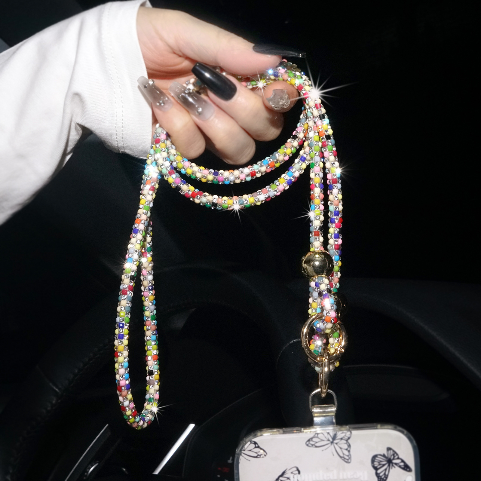 Beaded Full Diamond Phone Lanyard Long Colorful Crossbody Chain Bag Rhinestone Shoulder Strap Luxury for Women