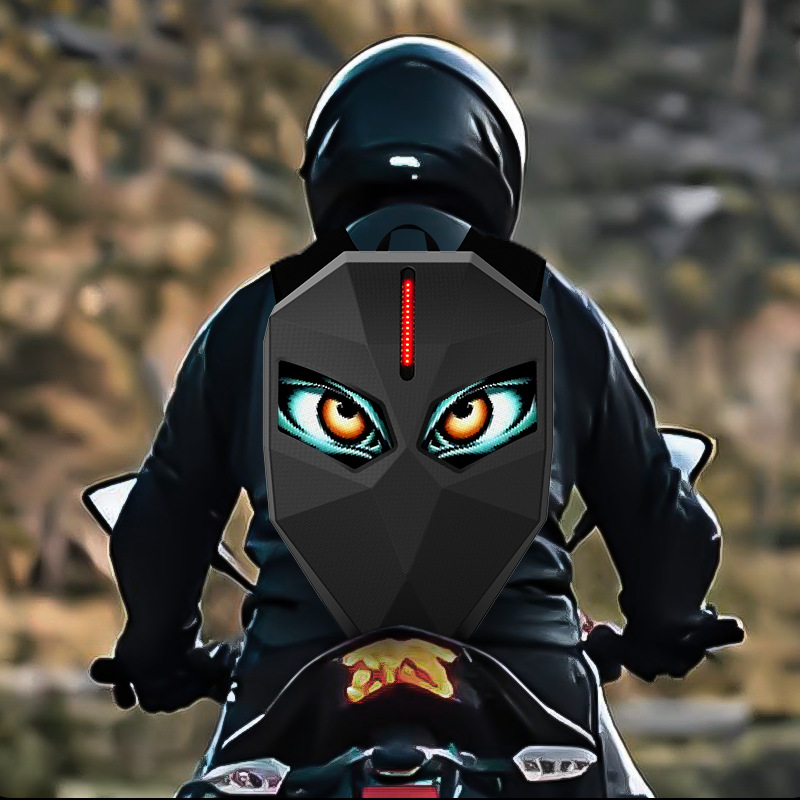 LED Rider Motorcycle Travel Backpack with DIY Glowing Eyes, Helmet Pouch, Waterproof, Unisex