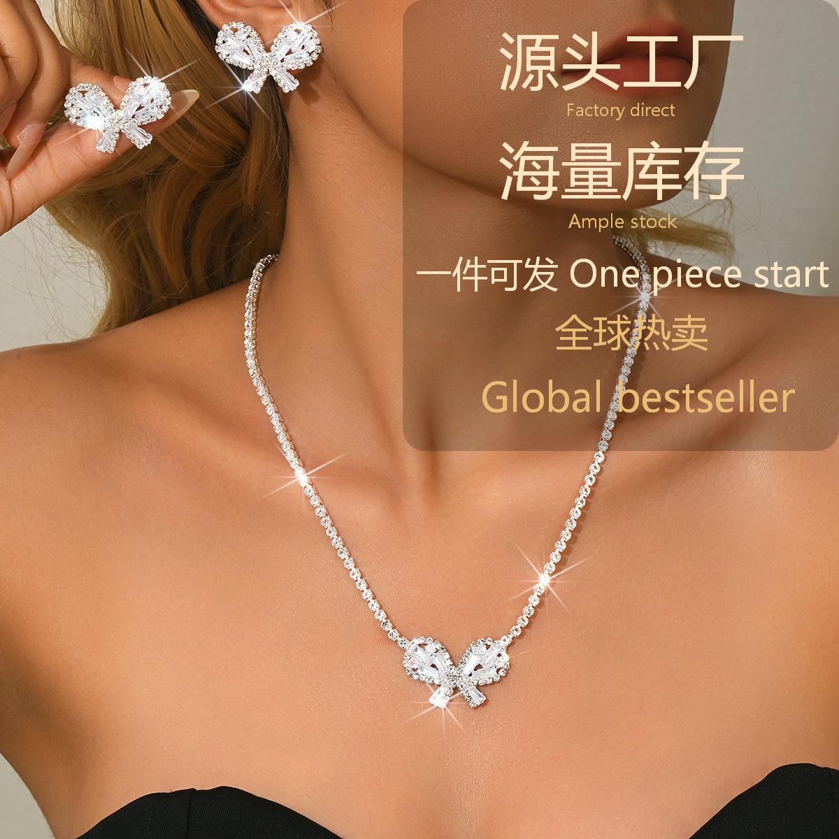 Jewelry Set Sweet Simple Bow Necklace Earrings Two-Piece Wedding Dress Exquisite Accessories