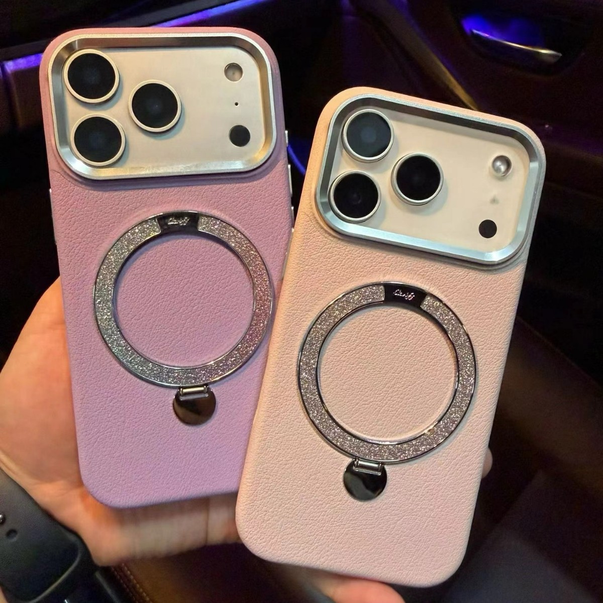 For iPhone 17 Pro Max Pivot Case Apple 16 Pro Max Glitter Magnetic Stand Leather Texture Hard Case
