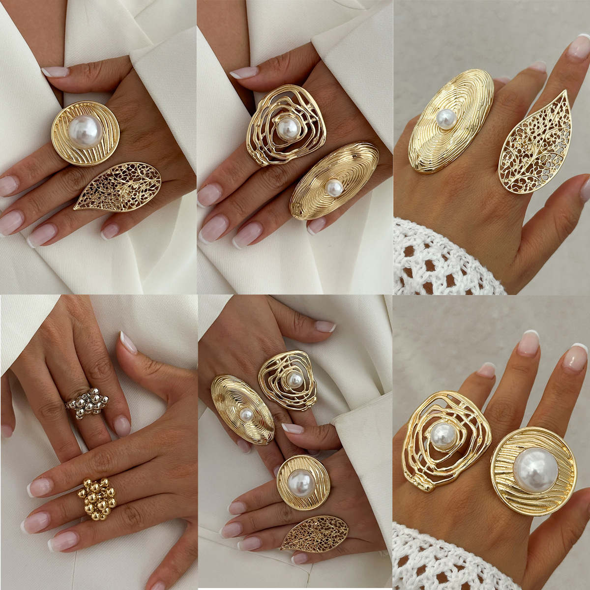 Jewelry irregular hollow wrapped jewelry faux pearl ring niche alloy open