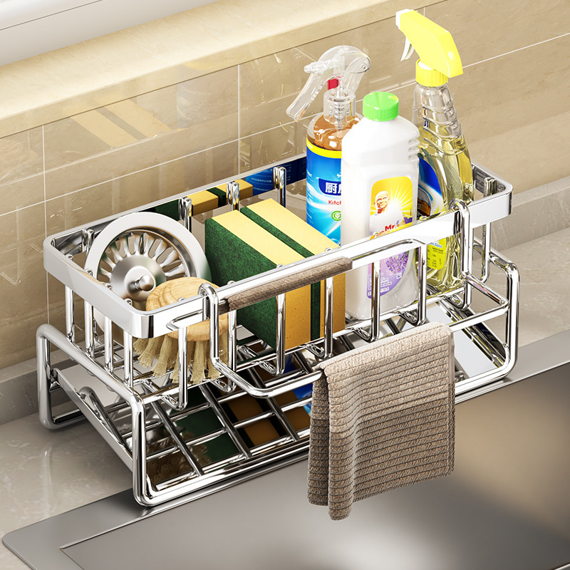Stainless Steel Kitchen Shelving Unit, Countertop Utensil Holder, Sink Drain Rack, Sponge Storage, Cleaning Supplies, Dish Towel Rack