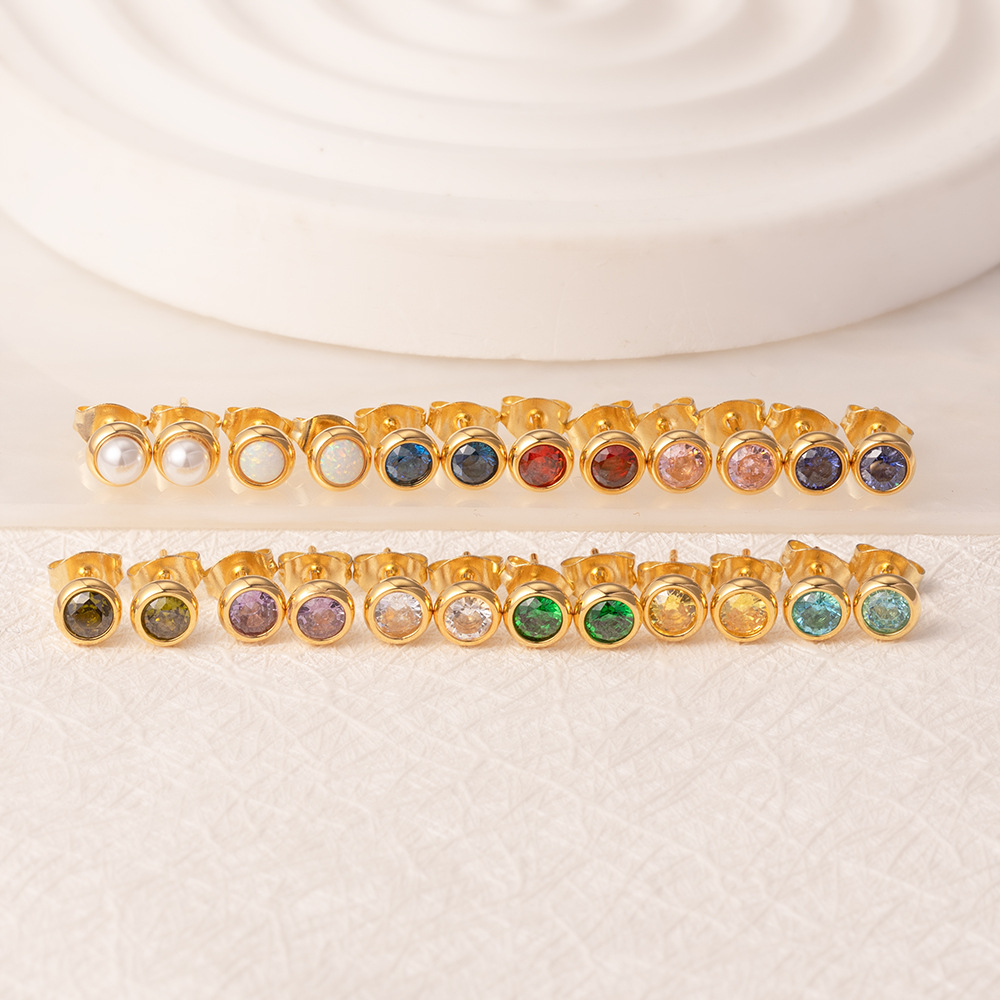 Exclusive round stainless steel zircon stud earrings for women, multi-color ear accessories, PVD 18K real gold ear