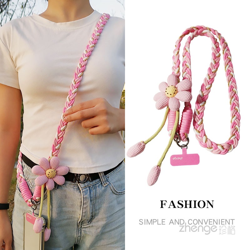 Phone strap crossbody wearable women's long flower handmade braided rope sturdy durable outdoor anti-loss rope