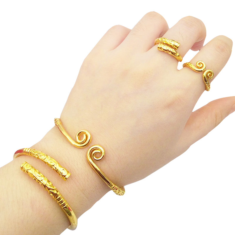 520 couple sand gold tight curse bracelet copper gold-plated live mouth如意 gold hoop stick ring set national style