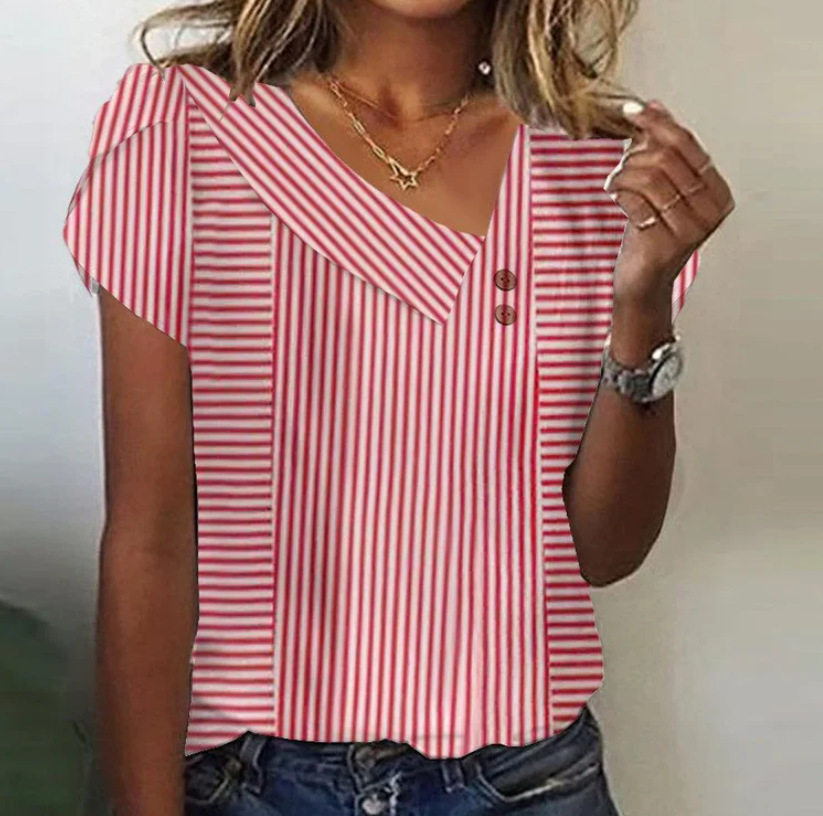 2026 New Summer V-Neck Printed Short Sleeve T-Shirt Women Loose Bubble Sleeve Casual Top