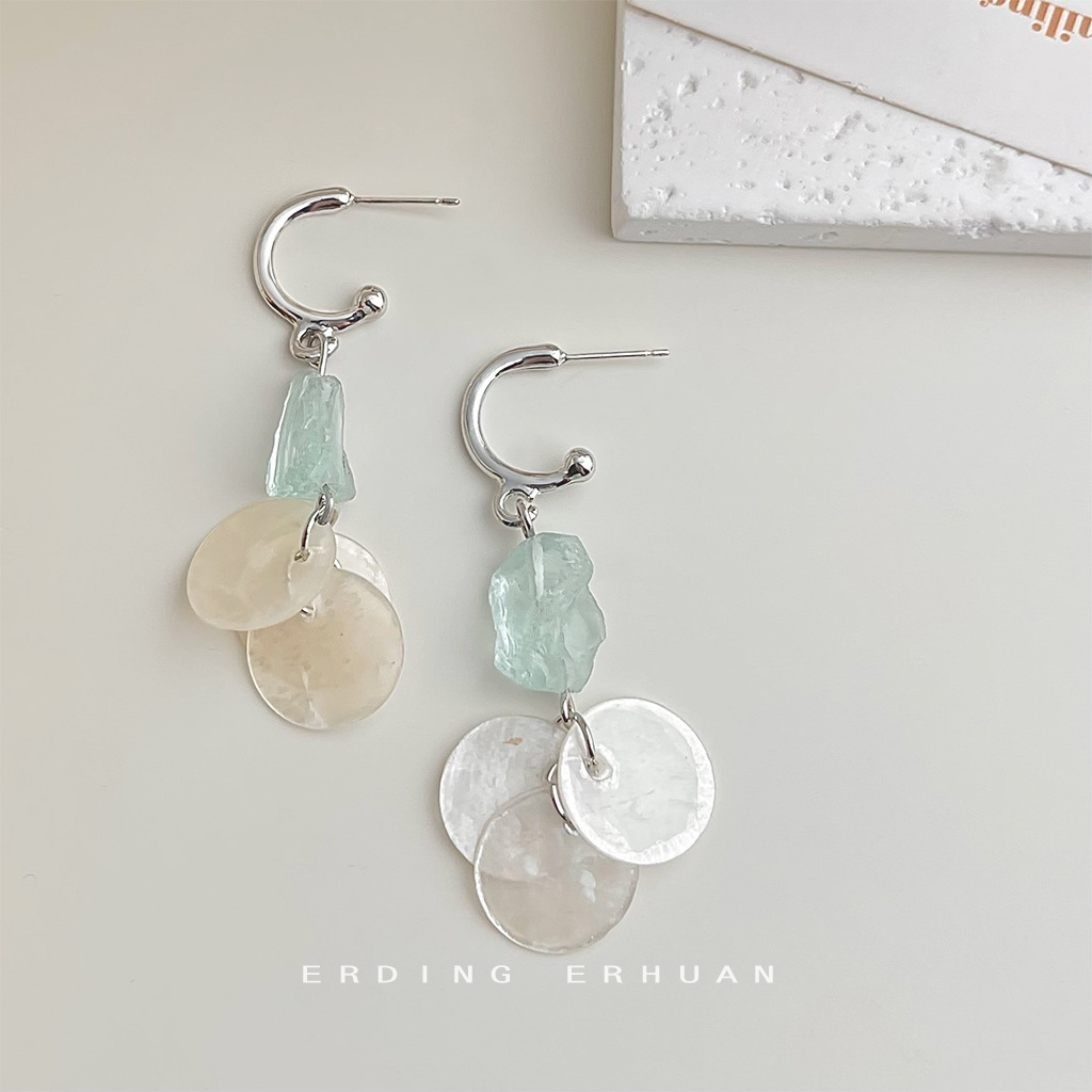 Natural stone blue crystal shell earrings summer new fresh sweet long earrings for women