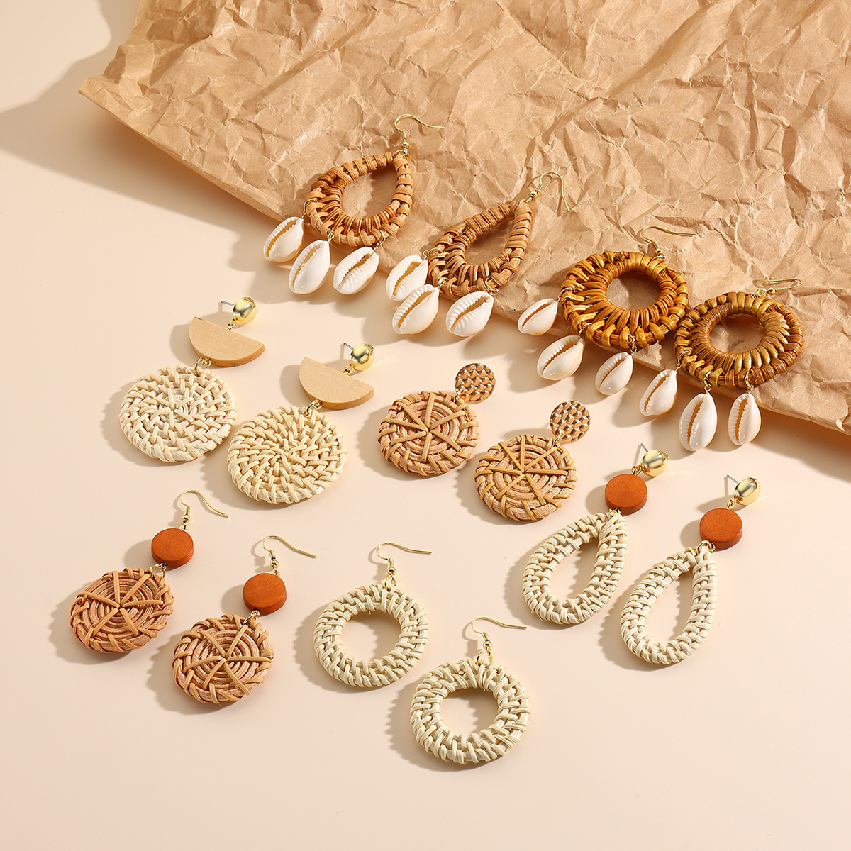 Hand-woven rattan earring set new Bohemian earrings natural rattan earrings