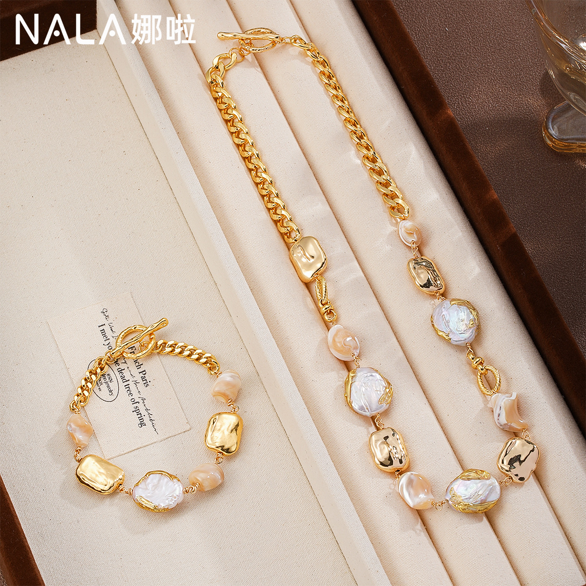 NALA Natural Mother of Pearl Shell Baroque Pearl Necklace Bracelet Set Elegant Jewelry Set