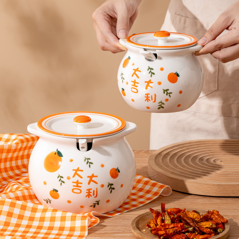 Seasoning storage ceramic lard pot household high temperature resistant chili oil pot lard pot kitchen seasoning pot lard container