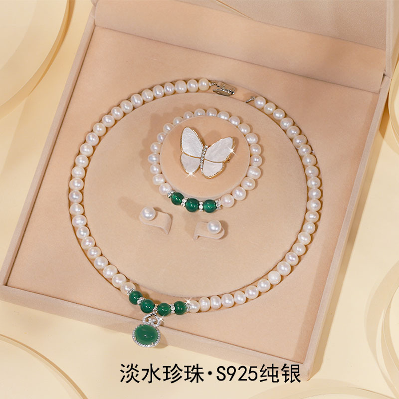Zhuji Natural Freshwater Pearl Necklace for Women S925 Sterling Silver Three-Piece Set Clavicle Chain Set Mother's Day Gift