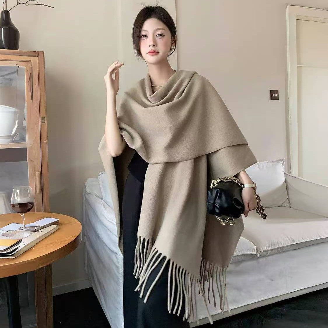 Autumn Winter New Plaid Shawl Outer Wear Tassel Shawl Cape Cape Scarf Coat Women