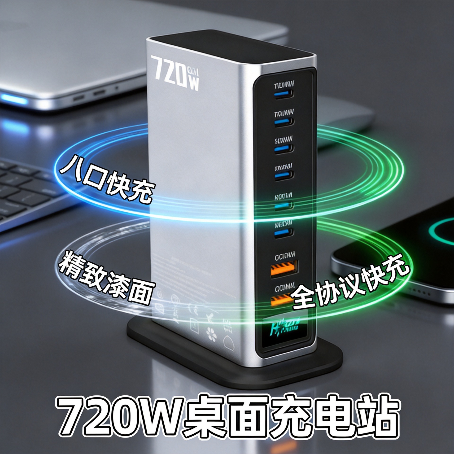 Private Mold丨720W GaN Charger Fast Charging Head 8-Port Desktop Charging Station Compatible with Phone Laptop