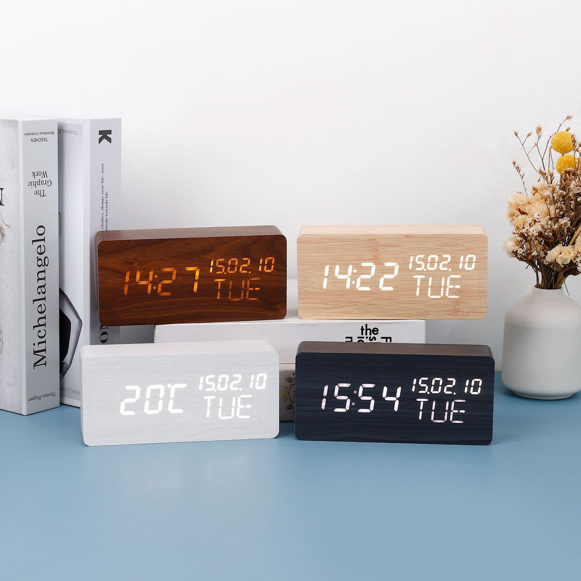 Rectangular perpetual calendar wooden clock desktop LED electronic voice-controlled wooden clock, student wake-up clock