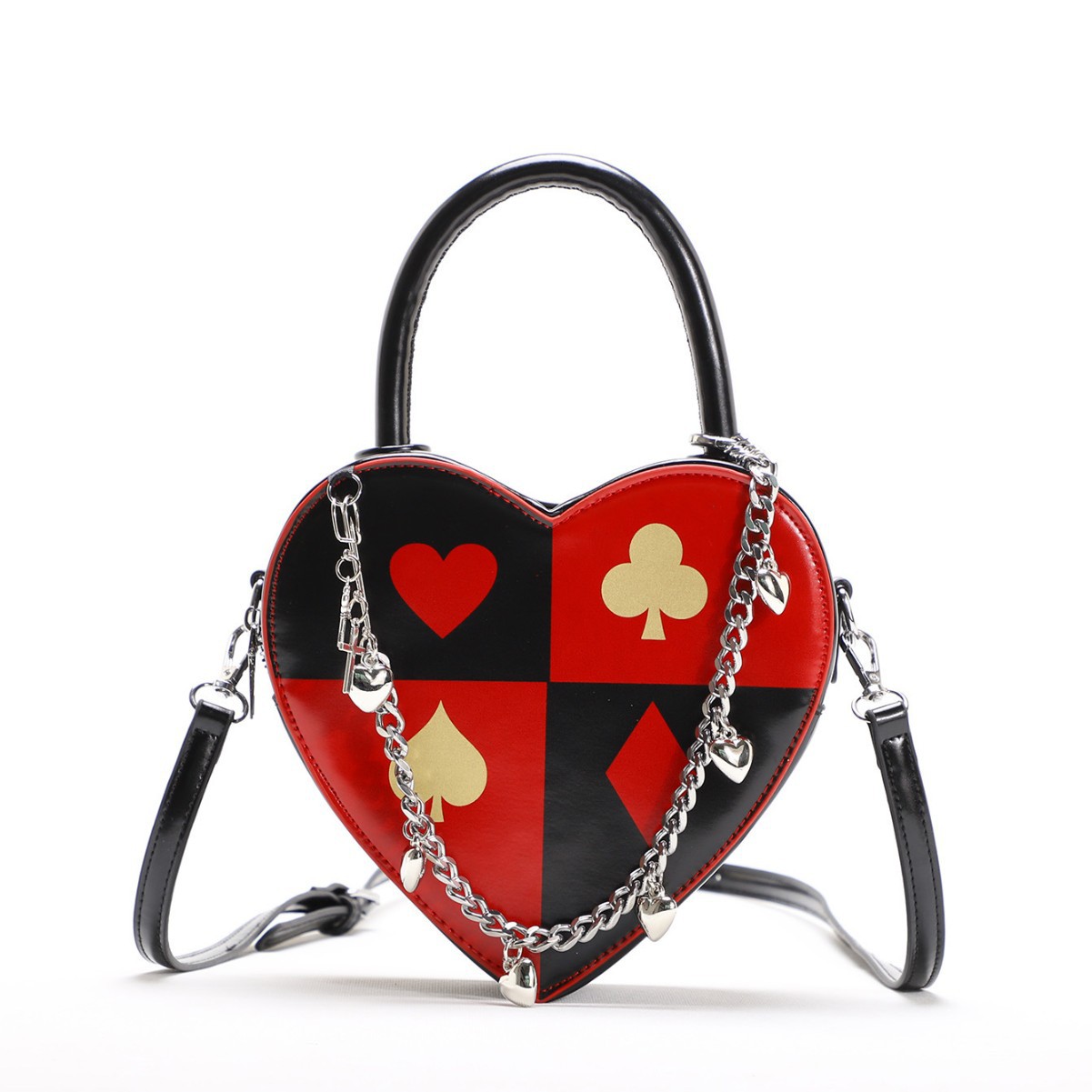 2025 New Heart Bag Women's Poker Print Heart Shape Bag Chain Heart Handle Bag Crossbody Bag