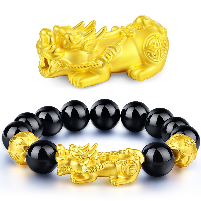 Vietnam sand gold Pixiu bracelet men and women original design imitation gold Pixiu black obsidian bracelet