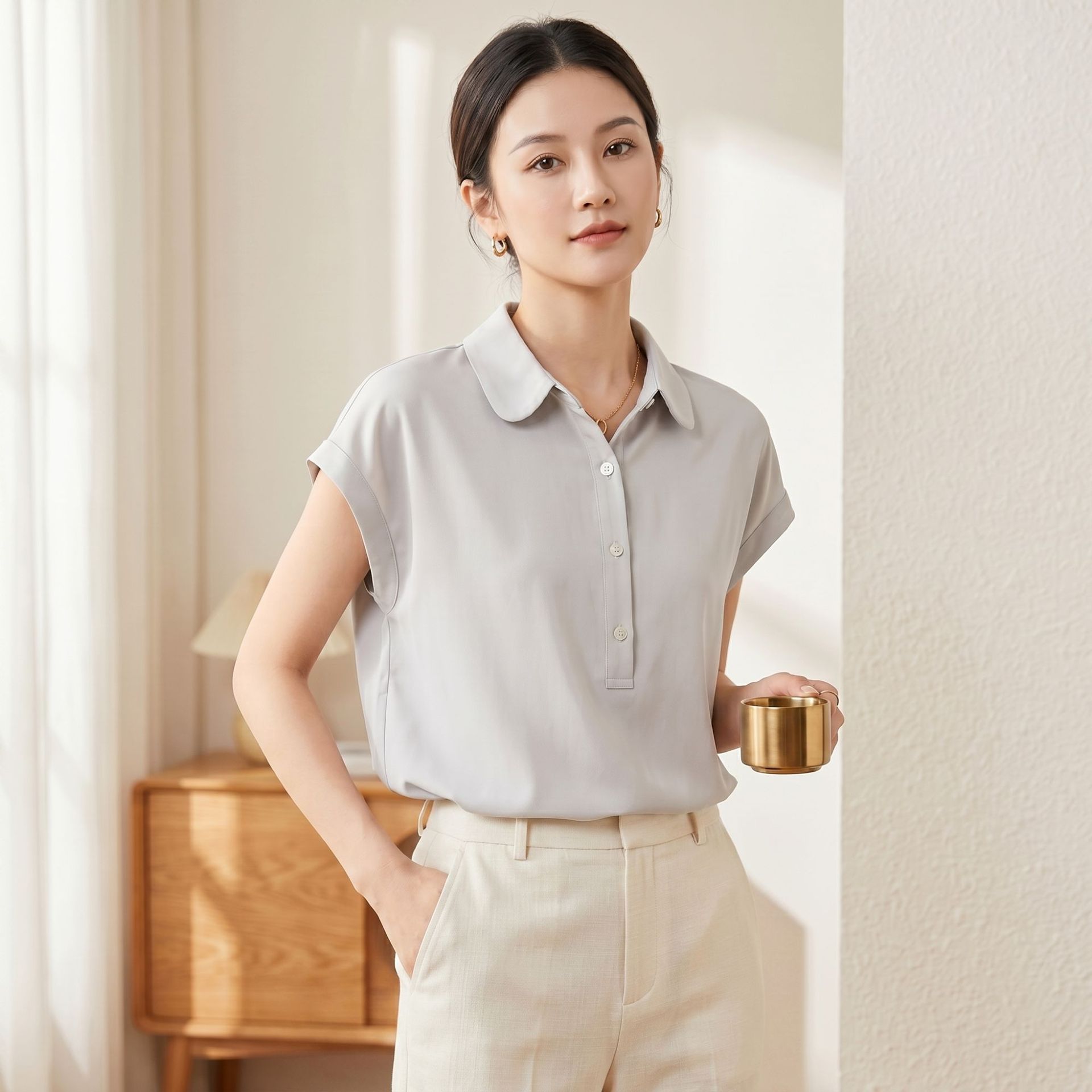 Summer Silk Short Sleeve Shirt for Women New Loose Casual Blouse Solid Color Commute Mulberry Silk Top Niche