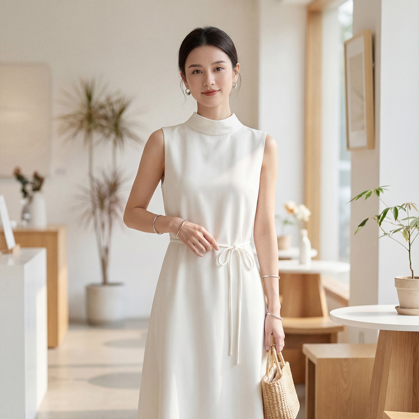 Summer New Silk Sleeveless Dress for Women White Stand Collar Mulberry Silk Inner Wear A-Line Dress Long Skirt