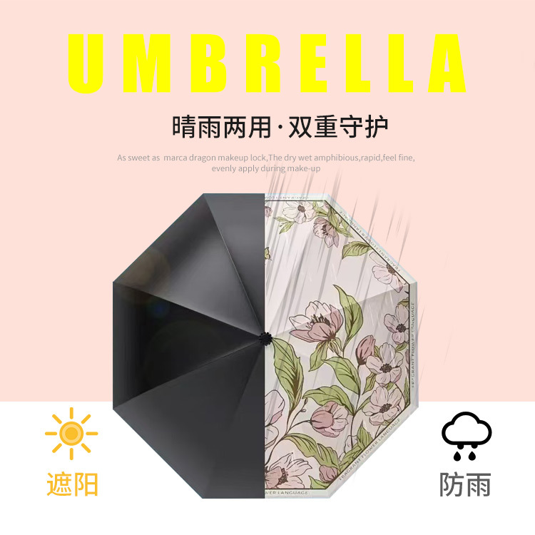 Three-Fold Rain Umbrella Eight-Rib Floral Manual Umbrella Black Glue Sunscreen Anti-Splash Portable Folding Sun and Rain Umbrella