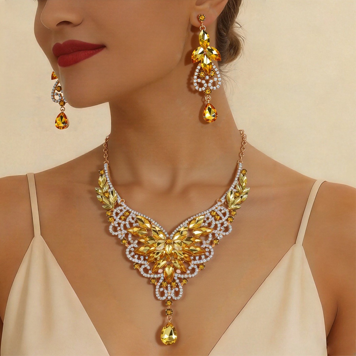 Crystal Gemstone Jewelry Necklace Set Women Accessories Crystal Gemstone
