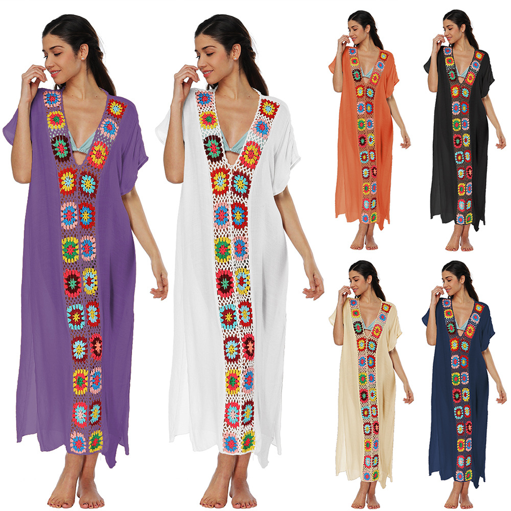 Women's hand-hooked spliced dress slit sexy long skirt beach cover-up 1900 multiple colors