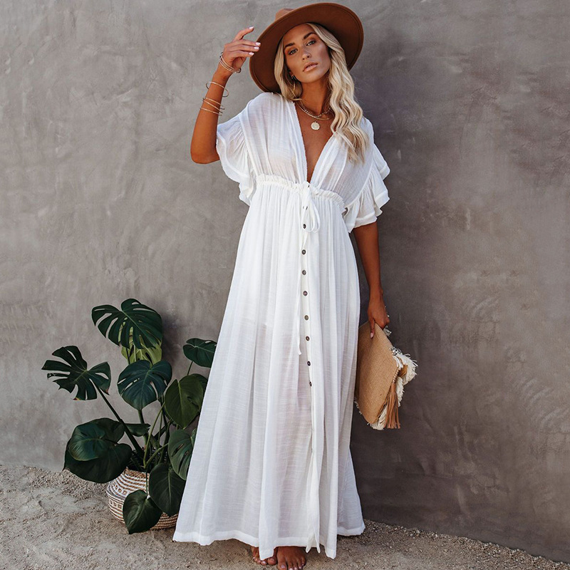 New Slub Cotton Button Waist Rope Long Dress Cardigan Vacation Beach Jacket Sun Protection Long Dress Bikini Cover Up Women