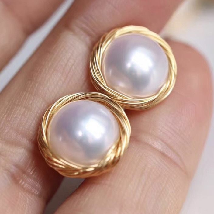 Handmade Natural Freshwater Suzhou Bread Pearl 925 Needle Copper Gold-Filled Wire Wrapped Antique Earrings Women