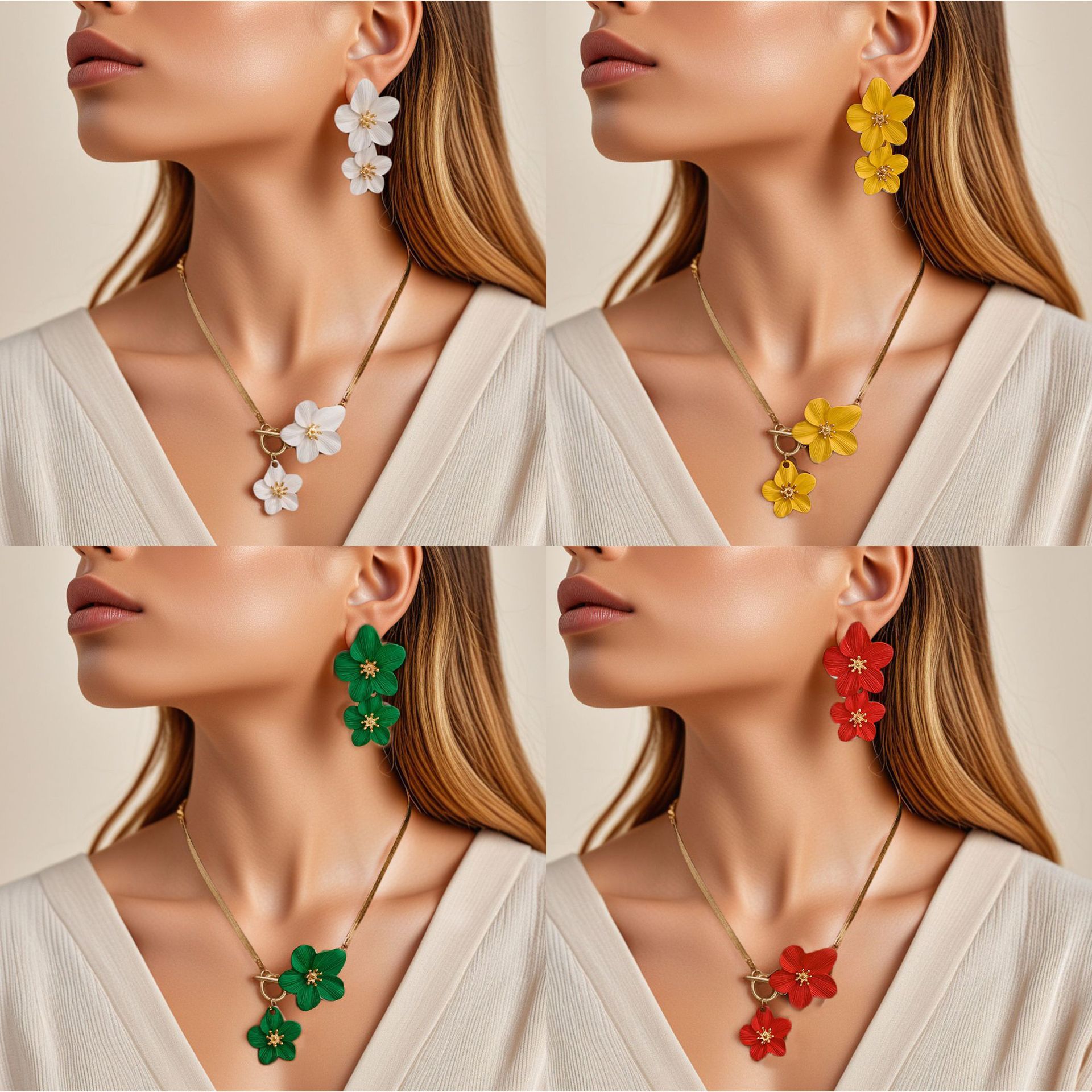 Bohemian Style Double Flower Earring Necklace Set Fresh Baked Paint Flower Jewelry Accessories
